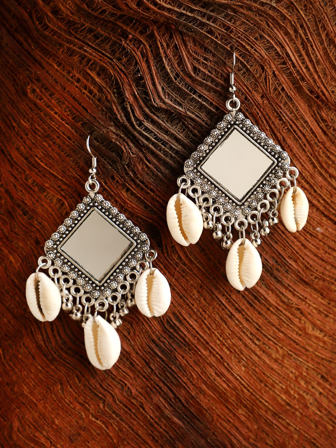 Oxidized Silver Mirror Stud Clamshell Earrings for Women and Girls